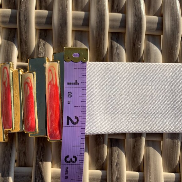 Vintage 80s White Elastic Gold Red Retro Statement Buckle Wide Cinch Belt - Picture 11 of 12